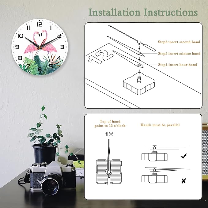 Flamingos Wall Clock Couple Flamingo Pink Clocks for Living Room Wall Clocks Battery Operated Silent Non-Ticking Decorative for Home Kitchen Bathroom Living Room Bedroom Office 10 Inch