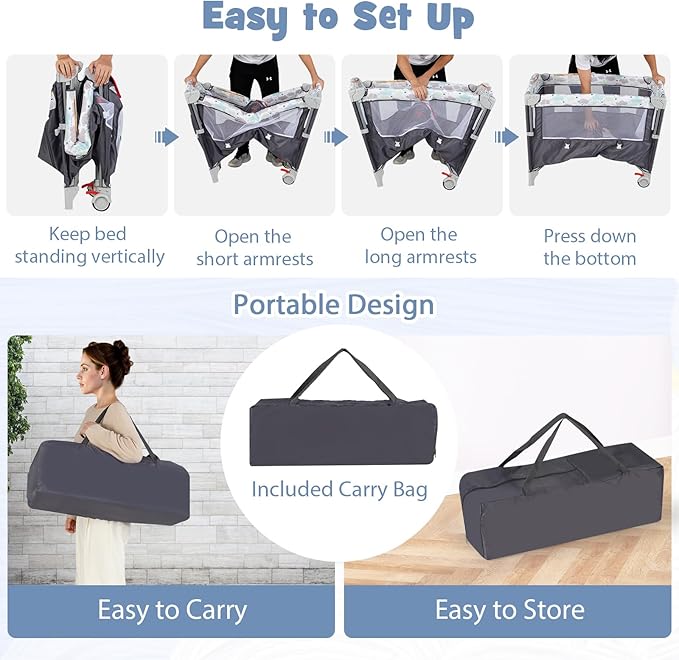 BABY JOY 5-in-1 Pack and Play, Portable Baby Bedside Sleeper with Bassinet, U-Shaped Diaper Changer, Safety Strap, Side Zipper Entrance, Hangings, Bedside Crib Playard from Newborn to Toddlers (Gray)