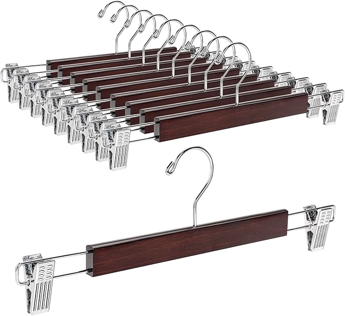 Amber Home 10 Pack 14.17" Solid Walnut Wooden Pant Skirt Hangers, Bottom Hangers for Slacks Trousers Jeans with 2-Adjustable Anti-Rust Clips (Walnut, 10 Pack)