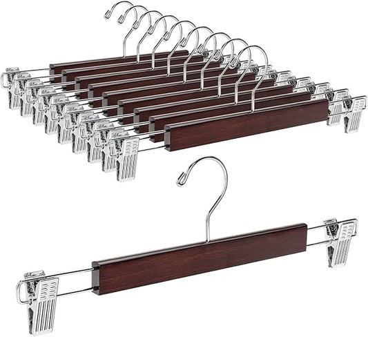 Amber Home 10 Pack 14.17" Solid Walnut Wooden Pant Skirt Hangers, Bottom Hangers for Slacks Trousers Jeans with 2-Adjustable Anti-Rust Clips (Walnut, 10 Pack)