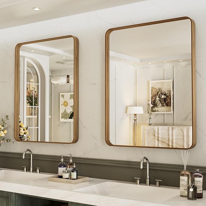 LOAAO 24X32 Inch Bathroom Mirror with Wood Grain Colored Metal Frame, Rounded Rectangle Metal Framed Bathroom Mirror, Anti-Rust, Hangs Horizontally or Vertically