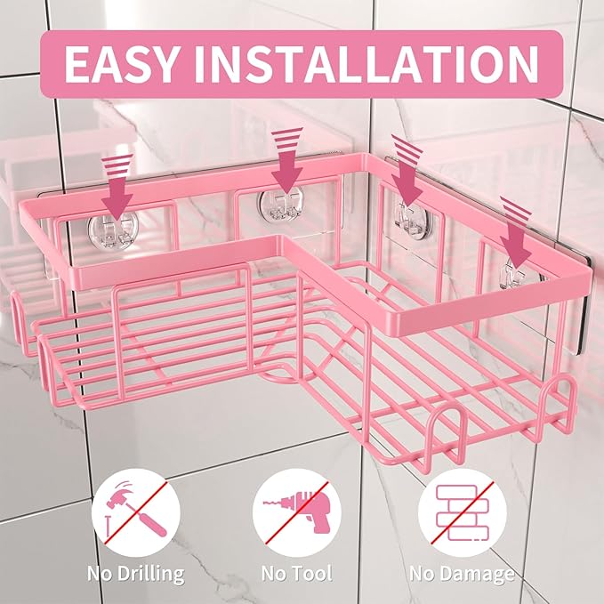 Adhesive Corner Shower Caddy - No Drilling Shower Shelves-Rustproof, Organizer for Bathroom with Soap Holder. Pink