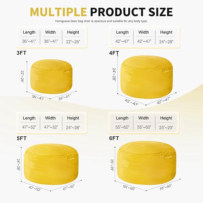 Homguava 5 FT Bean Bag Chair: 5' Bean Bags with Memory Foam Filled, Large Beanbag Chairs Soft Sofa with Dutch Velvet Cover-Mustard