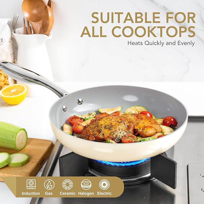 MICHELANGELO Frying Pans Nonstick with Lid - 8 Inch Small Frying Pan, Non Toxic Ceramic Pan with Lid, Non Stick Small Skillet for All Stovetops, Beige