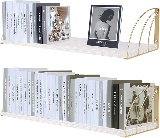 Long 48 IN White Wall Bookshelf- Curved Fan-Shaped Design with Built-in Anti-Slip Book Stops|0.71" Thicker Heavy Duty White and Gold Floating Shelf|Floating Book Shelves for Wall, Home Décor Set of 2