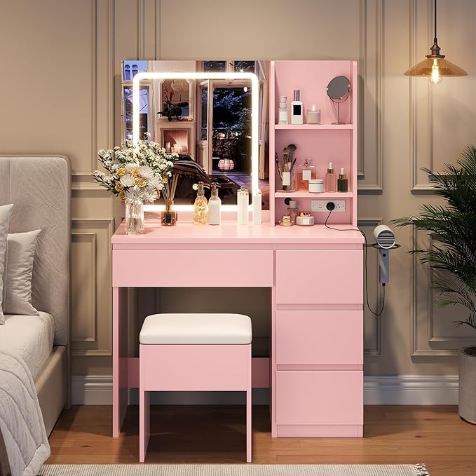 Vanity Desk with Mirror and LED Light, Vanity Desk with 4 Drawers, Power Outlet, Storage Stool, Storage Shelves & Hair Dryer Holder, Adjustable 3 Lighting Mode, Makeup Vanity Set for Bedroom, Pink