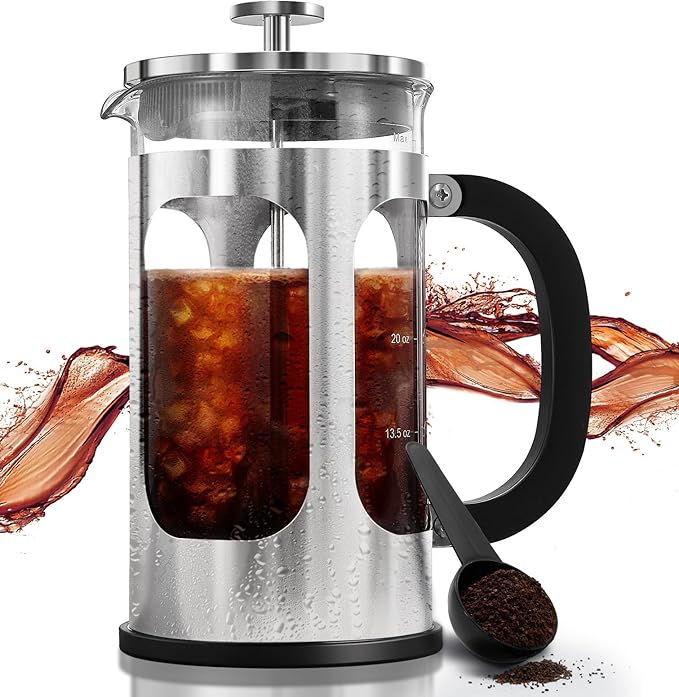 BAYKA 34oz French Press Cold Brew Coffee Maker, Heat and Cold Resistant Thickened Borosilicate Glass Stainless Steel Press Percolators, Iced Tea Pot Pitcher for Kitchen Travel Camping,1 Liter,Silver
