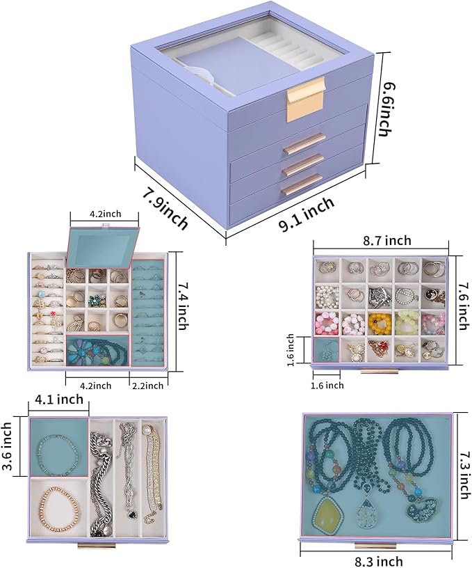 BOOVO Clear Lid Jewelry Box,4 Layers Jewelry Organizer Large Jewelry Storage Box with 3 Drawers,Jewelry Holder Organzier of Rings Earrings Necklace Bracelets for Women (Purple, 4 Layer)