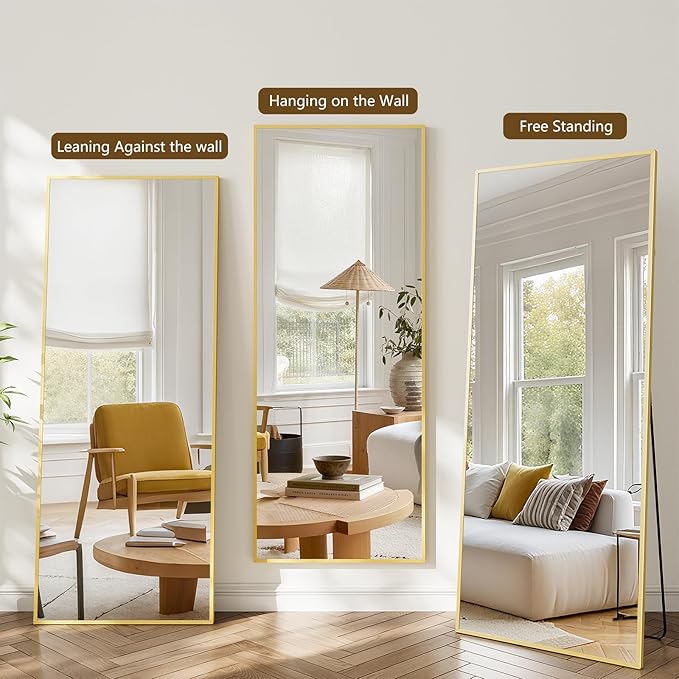 Koonmi 65"x24" Floor Mirror Full Length, Bedroom Floor Body Mirror with Stand, Large Gold Mirror, Leaning, Standing or Hanging Horizontally/Vertically