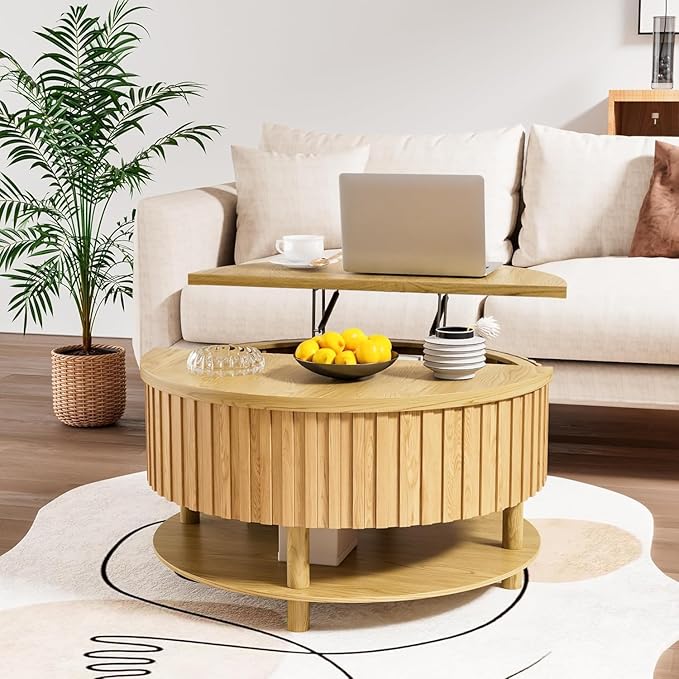 Round Lift Top Coffee Table with Storage, 31.5'' Modern 2-Tier Coffee Table with Hidden Storage Compartment and Open Shelf, Fluted Center Table for Living Room Office (Wood Color)