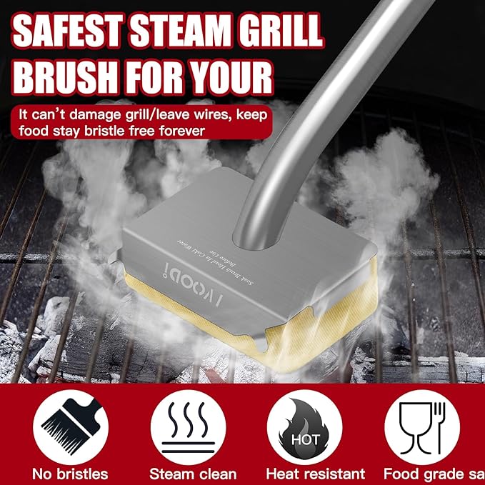 Steam Grill Brush-Grill Brush Bristle Free,Reinforced Grill Cleaner Scraper,Heat-Resistant Aramid Fiber Twill Pads,Replaceable Head Barbecue Grill Cleaner Brush,Grill Brush for Outdoor