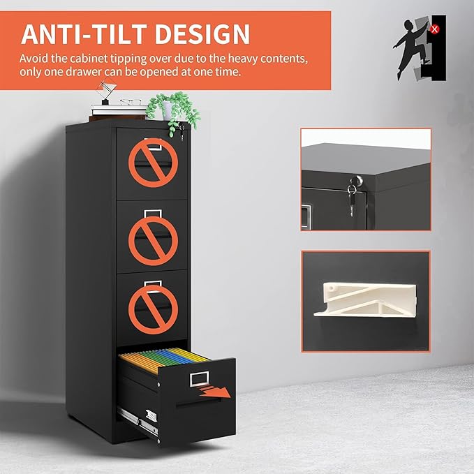 4 Drawer Vertical File Cabinet Home Office Metal Filing Cabinet, D17.7 Locking File Cabinets with Keys, Anti-Tilt Design, Steel Drawer Cabinet for A4/Legal/Letter,Need Assemble (Black)
