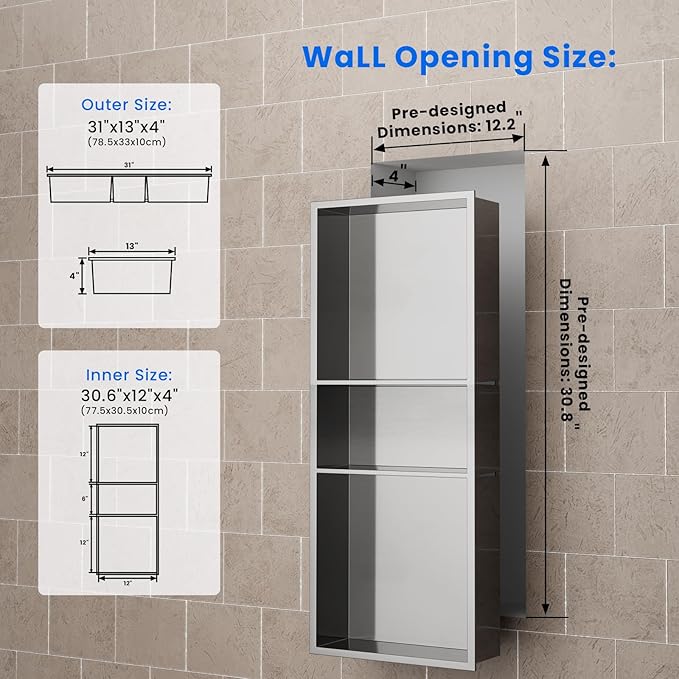 POPFLY No Drill Brushed Nickel Shower Niche 12"x30", Stainless Steel Recessed 3-Layer Shelf - No Tile Needed Waterproof Bathroom Wall Niche Insert Storage Organizer