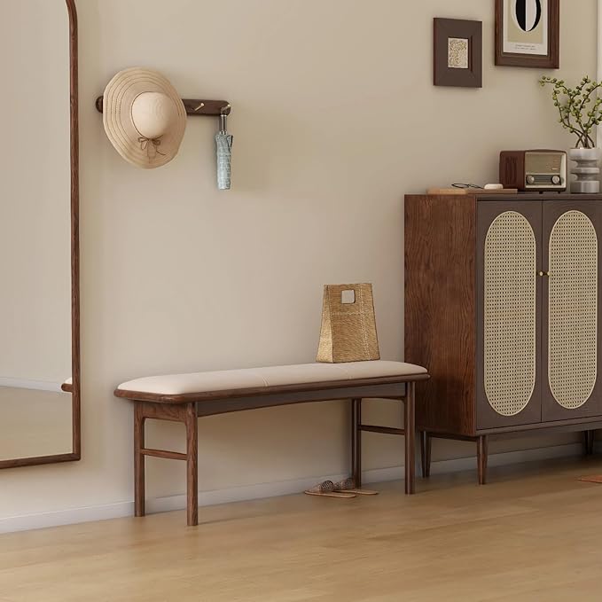 47.2'' Leather Upholstered Dining Bench with 100% Solid Oak Wood Bench Frame, Padded Bed End Bench Ottoman for Kitchen Living Room Bedroom Entryway, Champagne