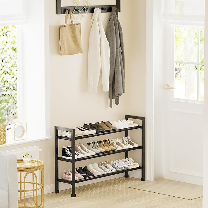 Mavivegue 3 Tier Expandable Shoe Rack for Closet, 19“- 43” Adjustable Shoe Rack for Entryway, Shoe Shelf, Black