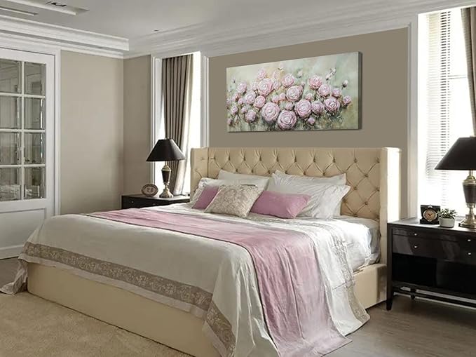 Arjun Pink Rose Wall Art Flower Canvas Painting 3D Textured Floral Silver Grey Artwork Modern Abstract Petals Tranquil Framed Large for Living Room Bedroom Bathroom Home Office Wall Decor, 40"x20"