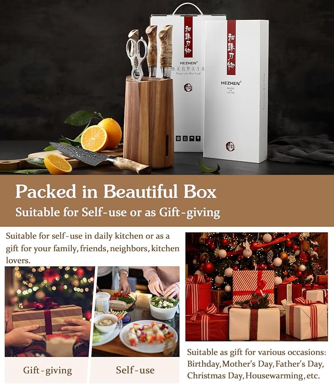 HEZHEN 7PCS Kitchen Knives Set - Professional Forging Damascus High Carbon Steel Chef Knife, Santoku, Bread, Utility, Fruit Knives & Multifunctional Kitchen Scissors - 6Slot Black Walnut Block