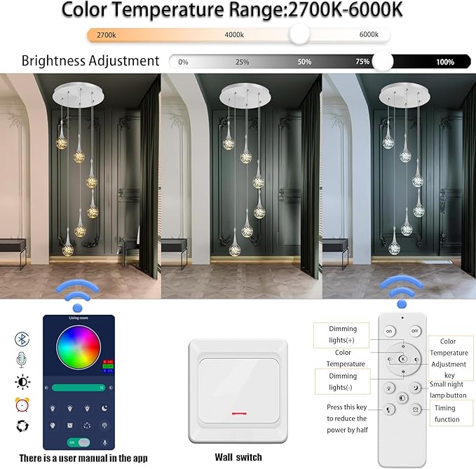 Flashing God Pendant Lights Kitchen Island 6-Lights Pendant Chandelier for Dining Room Hallway Stairwell LED Dimmable 2700K-6000K