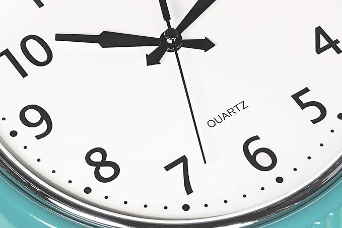 Bernhard Products Retro Wall Clock 9.5 Inch Blue Kitchen 50's Vintage Design Round Silent Non Ticking Battery Operated Quality Quartz Clock (Robin Egg Blue)