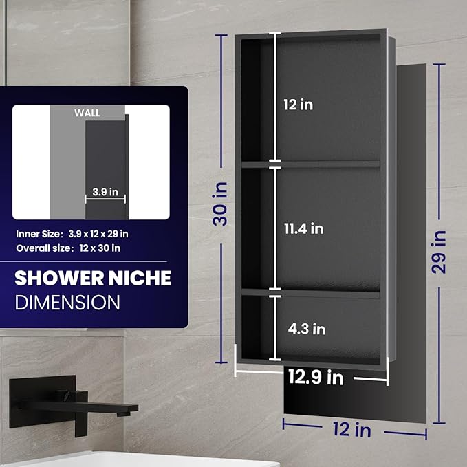 Stainless Steel Shower Niche 12" x 29", 3-Tier Shower Niches No Tile Needed, Recessed Niche for Shower Wall, Shower Niche Shelf for Bathroom Storage, Matte Black