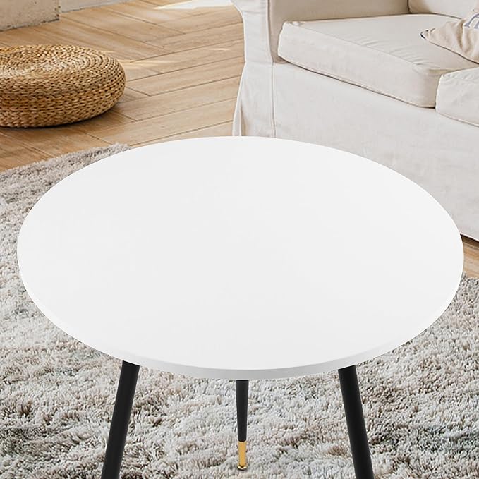 NOBPEINT Round Modern Wooden Side Table, 28 Inches End Table with 3 Metal Legs, Leisure Coffee Table (White)