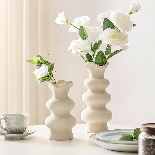 Modern Decorative White Ceramic Vases for Home Decor 8.3 Inch, Minimalist Boho Flower Aesthetic Cream Vases for Pampas Grass