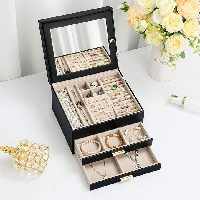 Amearea Jewelry Box Organizer for Women Girls with Mirror, 3-Layer Large Jewelry Storage Case, Synthetic Leather Jewelry Holder Organizer with Removable Tray for Necklaces Earrings Rings, Black