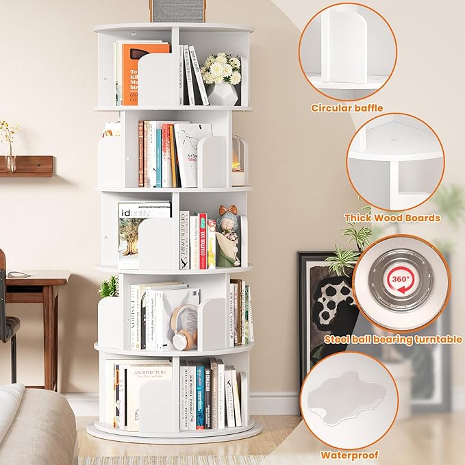 Rotating Bookshelf Tower, 5 Tier Spinning Bookcase, Revolving 360 Book Shelf Narrow Tall Bookcase, Vertical Turning Round Bookshelf Organizer, Wood Corner Book Shelf for Small Space, White
