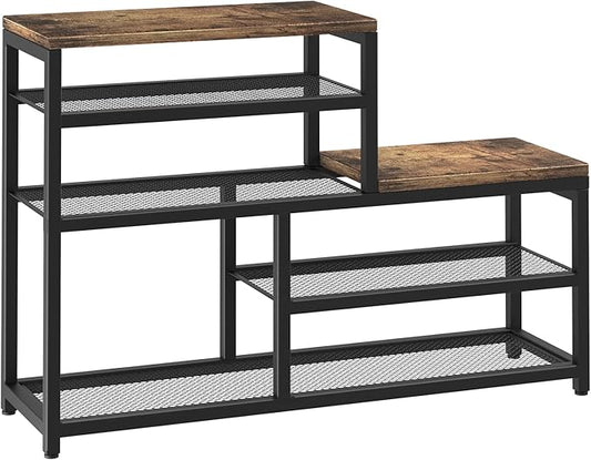 Shoe Rack Bench Shoe Storage Organizer with Seat, 5-Tier Industrial Free Standing Shoe Rack for Entryway, Narrow Shoe Rack Organizer Shelves for High Heels, Entryways, Hallways, Closets,Brown