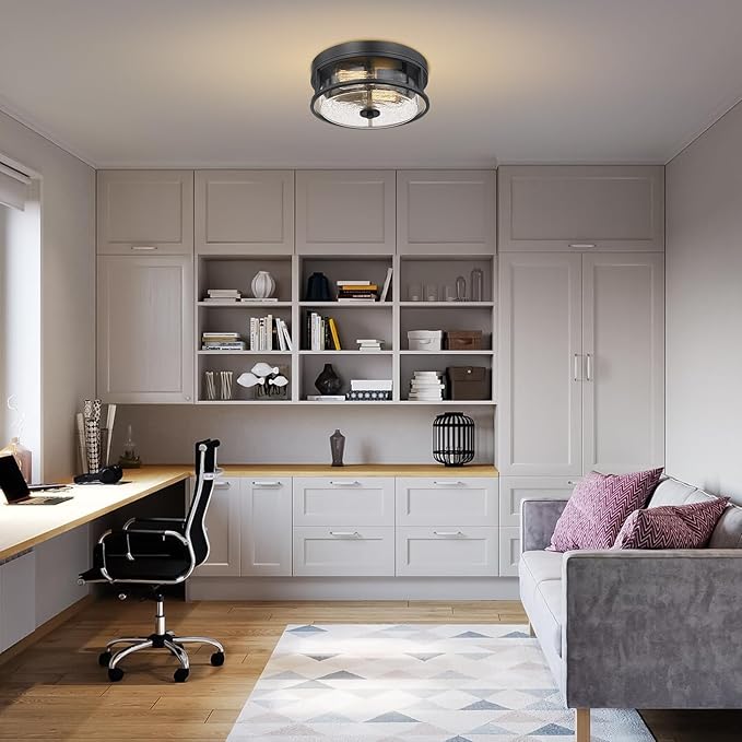 2-Light Flush Mount Ceiling Light, Farmhouse Industrial Black Finish with Seeded Glass Ceiling lamp, Modern Ceiling Light Fixture for Bedroom Living Room Kitchen Hallway Entryway