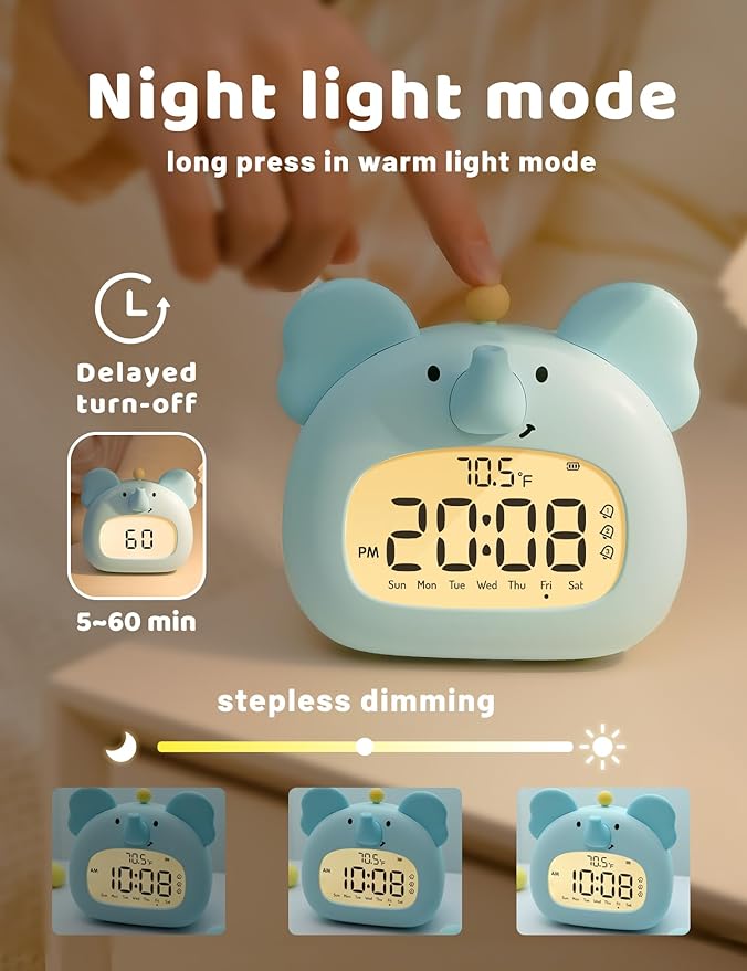 Elephant Alarm Clock for Kids Bedroom, Blue Elephant Animals Clock with Night Light, Adjustable Dimming, 3 Alarms, Loud, Timer, Boys Alarm Clocks Gift