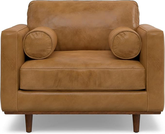 SIMPLIHOME Morrison Accent Chair - 43 inch Wide Upholstered Top Grain Genuine Leather Mid-Century Modern Arm Chair with Solid Wood Frame in Sienna, for Living Room or Bedroom with 2 Bolster Pillows