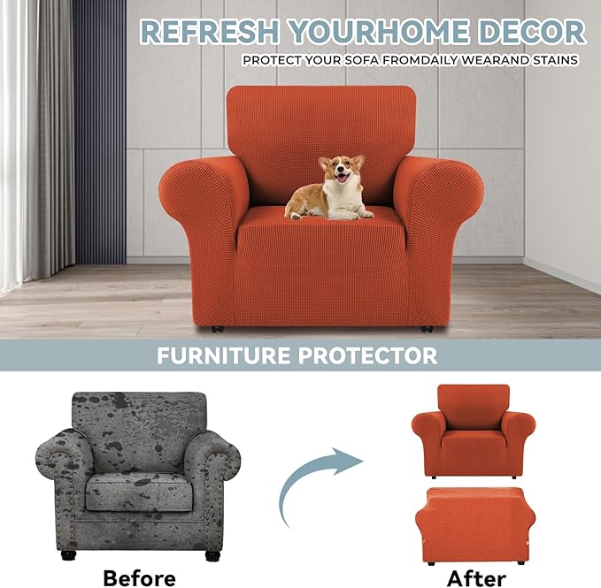 LURKA Stretch Chair Sofa Slipcovers 1 Piece Couch Covers for Sofa Furniture Protector Full Sofa Covers with Elastic Bottom for Kids and Dog (Small, Pumpkin)