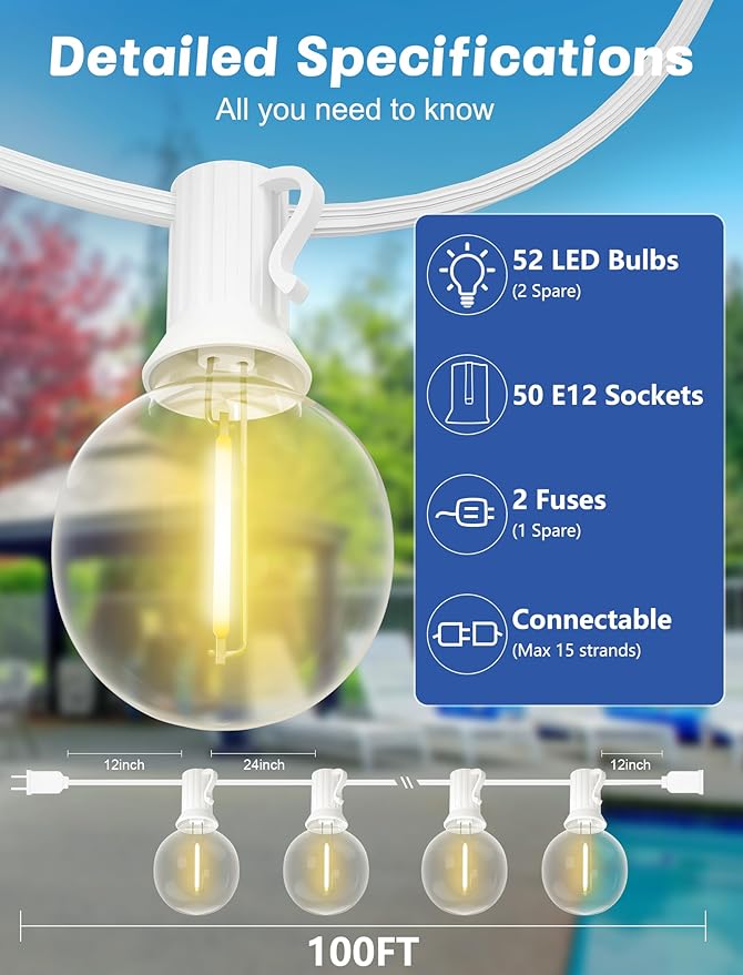 SUNSGNE G40 Globe White String Lights Outdoor - 100FT White Patio Lights with 52 Shatterproof Dimmable LED Bulbs(2 Spare) for Room Party Bistro Pergola Tents Decor