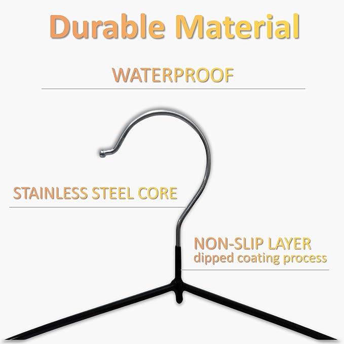 Stainless Steel Immersion Rubber Process Hangers 12 Pack, Heavy Duty Black Hangers for Coats, Pants & Dress Clothes, Non Slip Clothes Hanger Set, Space Saving Ultra Thin