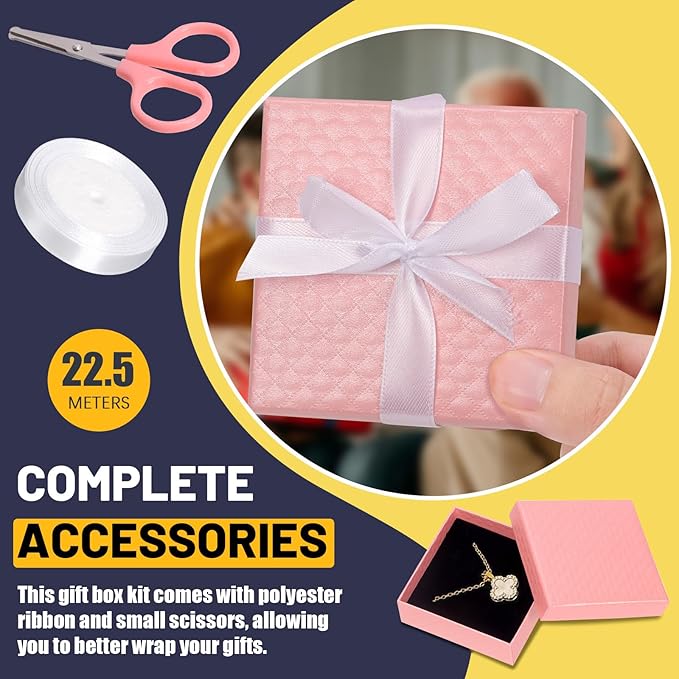 Glarks 12pcs Pink 9 x 9 x 3CM Jewelry Gift Boxes with Pink Scissors and 1.5 x 225CM White Polyester Ribbon Set, Diamond Pattern Necklace Earring Bracelet Boxes Gift Case Ideal
