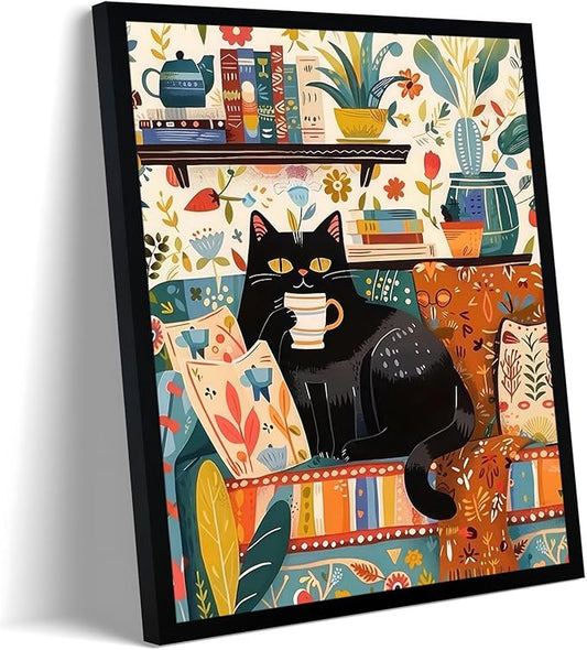 Framed Vintage Cat Canvas Wall Art, Funny Pink Animal Reading Books Painting Picture Print, Cute Kitten Lovers Aesthetic Wall Decor for Nursery Girls Room Bedroom Kids Room 16''L x 12''W