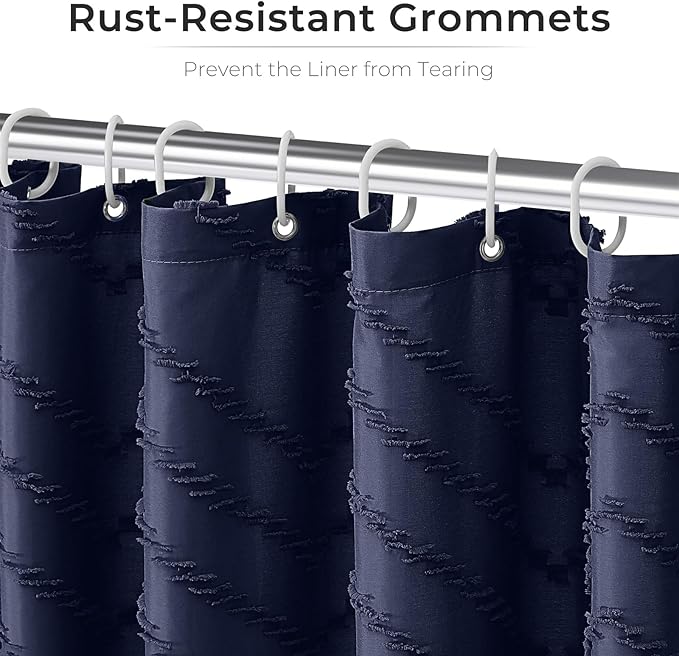 84 Inches Long Boho Tufted Chevron Striped Fabric Shower Curtain Navy Blue 72x84 Tall Minimalist Waterproof Cloth Shower Curtain, Wrinkle Free
