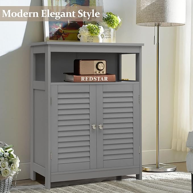 COSTWAY Bathroom Storage Cabinet, Wooden Side Storage Organizer with Louver Doors & Removable Shelf, Freestanding Floor Cabinet for Living Room, Kitchen, Entryway (Grey)