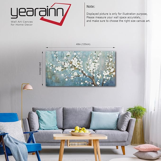 Elegant Flowers Canvas Wall Art - Plum Blossom Pictures for Wall Decor Rustic Turquoise Canvas Painting Nature Printing Artwork for Living Room Bedroom Home Office Wall Decoration 24" x 48"