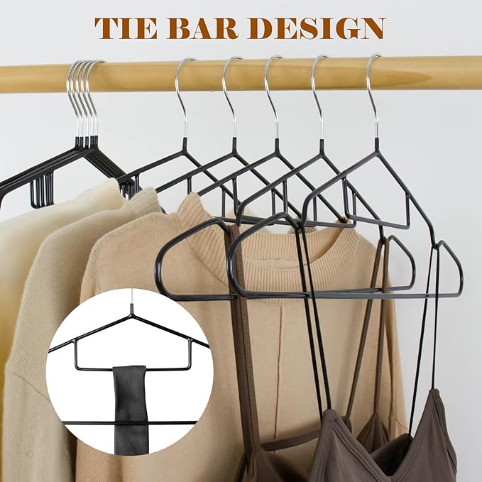 Clothes Hangers, 20Pack Black Metal Hangers with Tie Bar,15.75 in Shirt Hanger with Shoulder Notches for Dress and Camisole, Non-Slip Heavy Duty Hanger（Black）