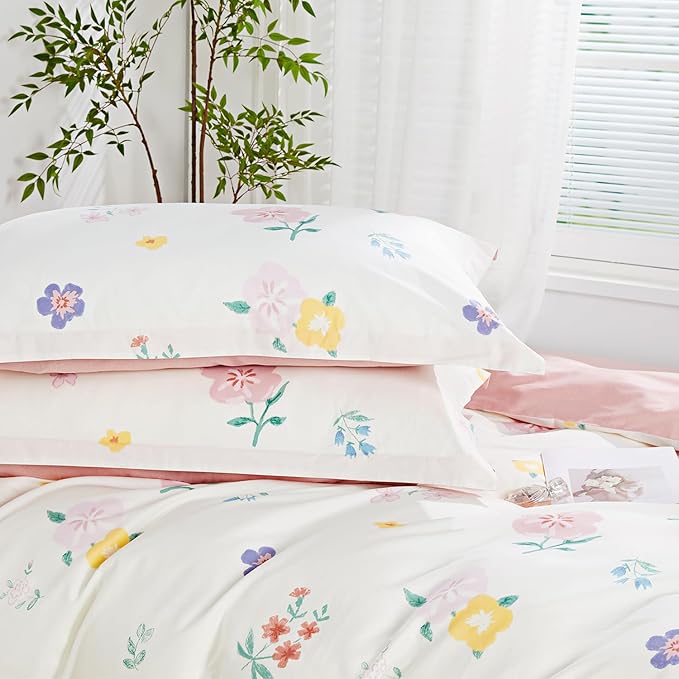 SAPHREAS Pink Floral Duvet Cover Set King Size Colorful Flowers White Bedding Comforter Cover Set 100% Cotton 1 Duvet Cover 104"x90" 2 Pillow Shams, Comforter Not Included