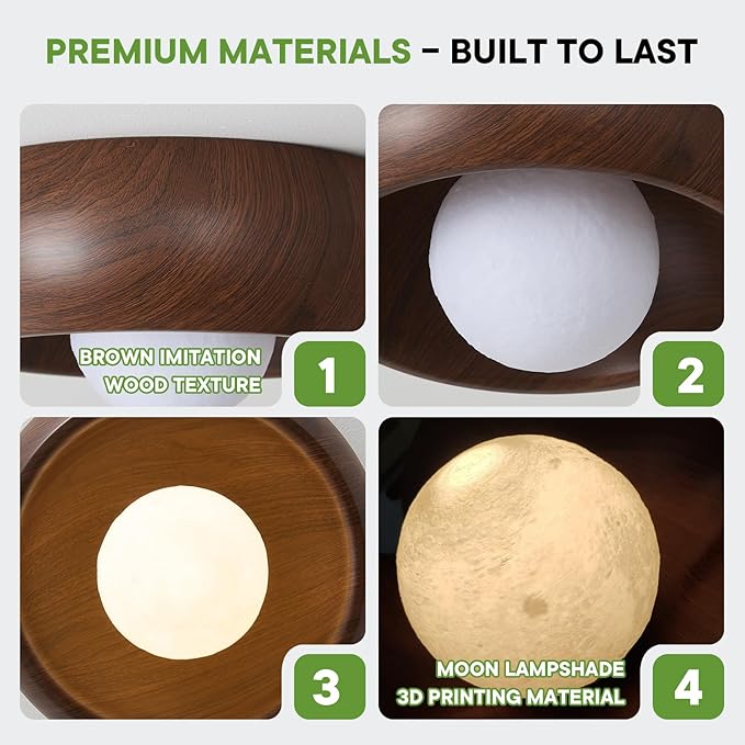 11.8 Inch Flush Mount Ceiling Light with 3D Printing Materials Moon Shade, Brown Imitation Wood Grain Modern Ceiling Light for Bedroom, Living Room, Hallway,Porch