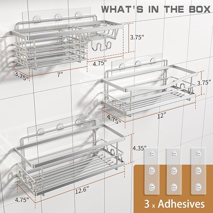 Shower Caddy, 3 Pack Large Capacity Bathroom Organizers and Storage, No Drilling Adhesive Rustproof Shelves with Soap Holder, Home Decor, Silver
