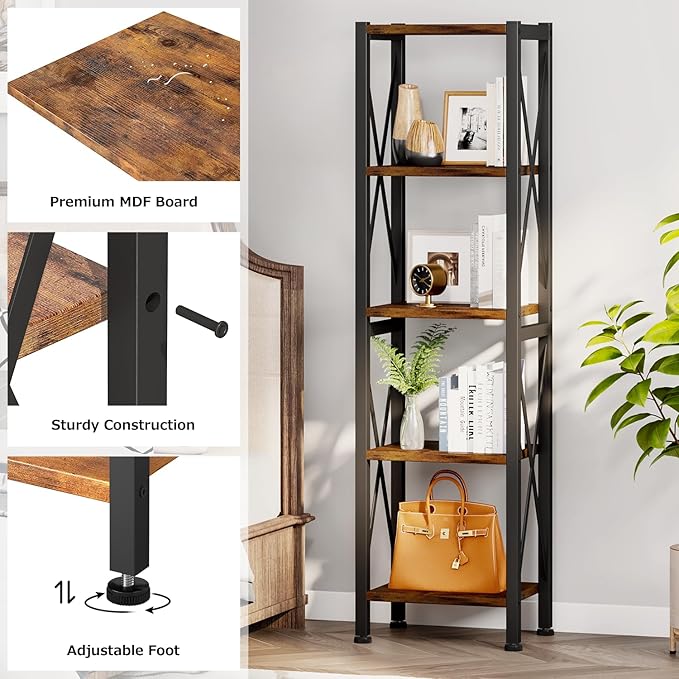 Homeiju 5-Tier Narrow Bookshelf, Ladder Bookshelf, Tall Bookshelf for Bedroom with Open Shelves, Office Bookshelf, Industrial Standing Bookshelf for Bedroom, Living Room and Home Office