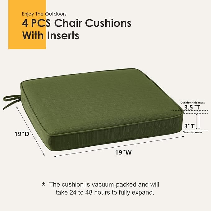Outdoor Square Corner Seat Cushion, 19"x19"x3", Set of 4, Non Slip Seat Cushion Pads with Removable Cover for Patio Furniture, Garden Yard Lawn, Deep Forest Green