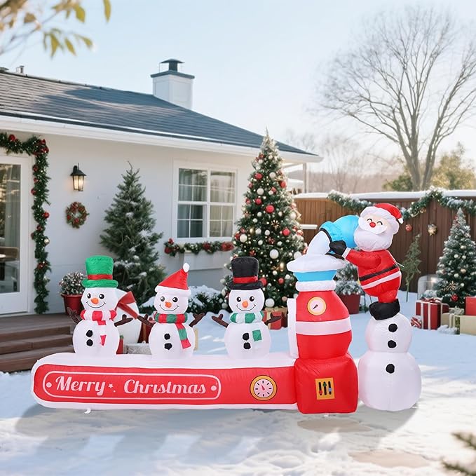 VCUTEKA Christmas Inflatables Outdoor Decorations, 8FT Blow Up Santa Claus with Three Snowmen, Animated Christmas Inflatable Yard Decoration with LED Lights for Holiday Lawn Garden Xmas Décor