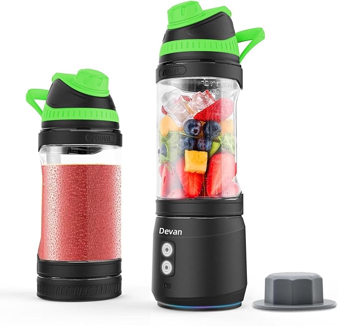 Portable Blender, Anti-Jamming 300 Watt for Shakes and Smoothies, 24oz Travel Blender USB Rechargeable, BPA Free Sporty bottle with a Travel Lid. (Black Base Grey Lid) (Black Base Green Lid)