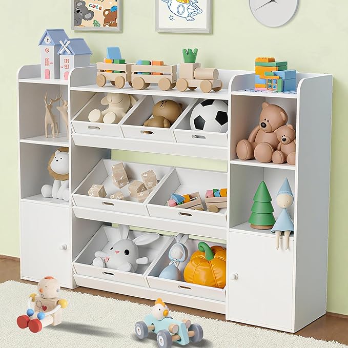 55.7''W Toy Storage Organizer with 7 Removable Bins & 4 Open Shelf,Large Kids Bookshelf and Toy Storage for Playroom, Kids' Room & Classroom,White