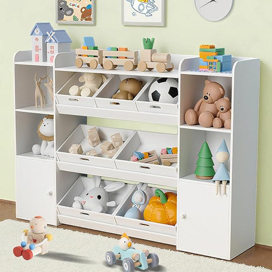 55.7''W Toy Storage Organizer with 7 Removable Bins & 4 Open Shelf,Large Kids Bookshelf and Toy Storage for Playroom, Kids' Room & Classroom,White